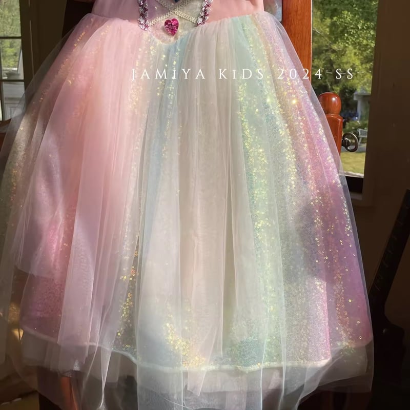 kids カラフルハートストーンレインボースパンコールプリンセスドレス