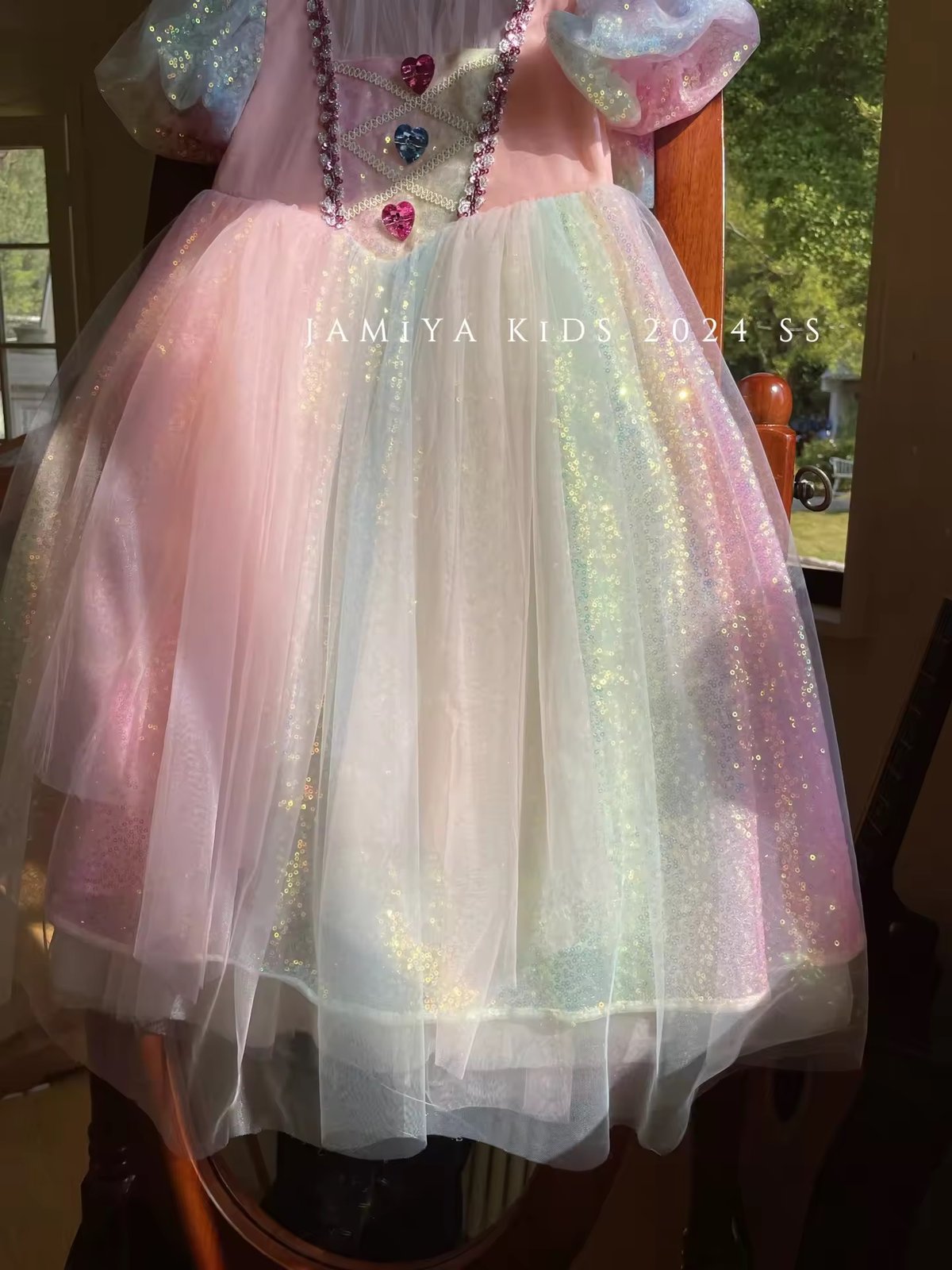 kids カラフルハートストーンレインボースパンコールプリンセスドレス