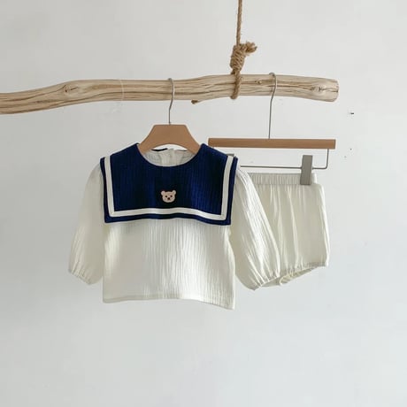リネン生地バイカラーセーターくま刺繍セットアップ(4017)