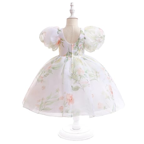 即納あり◆kids 4color Flower budsバックシャンパフスリーブシフォンドレス(547)