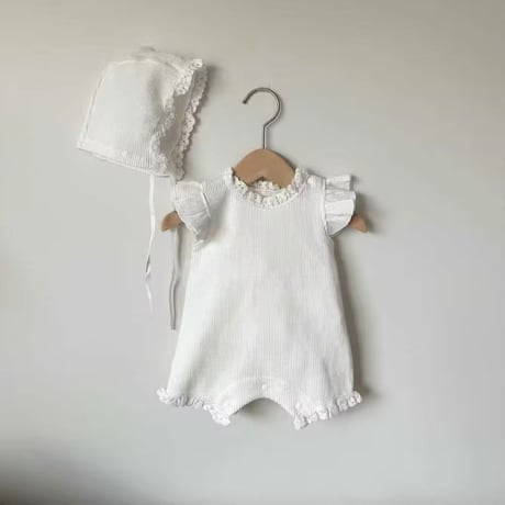 即納あり◆2color ボンネットsetワッフルpetit frillロンパース(4081)