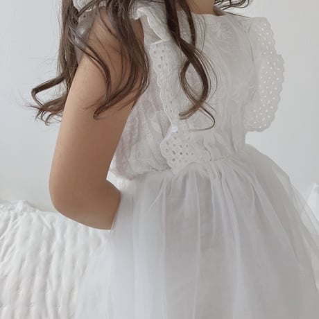 kids コットンレース×チュール切替ワンピース(341)
