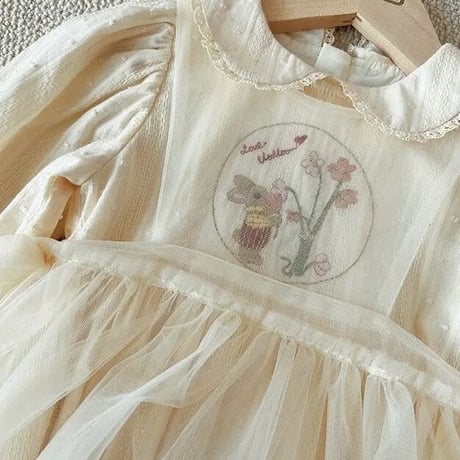 リトルマウス刺繍チュールアプリコット半袖or長袖ワンピース(3066)