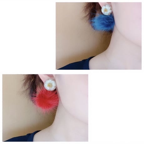 【M-003-P】花かんざし ファー ピアス