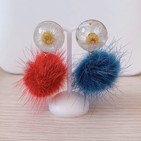 【M-003-P】花かんざし ファー ピアス