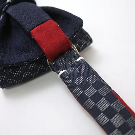 蝶ネクタイ　KIMONO fabric　紺地　市松文様　上京蝶帯