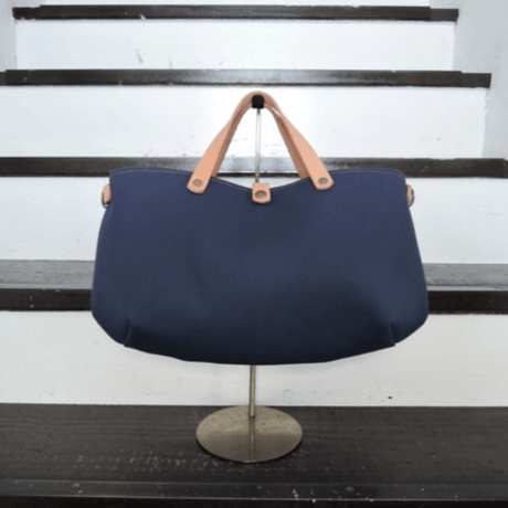 【OR514cM】A4対応 8号帆布×レザー 2wayショルダー付トートバッグ(M) ネイビー【ORZO】