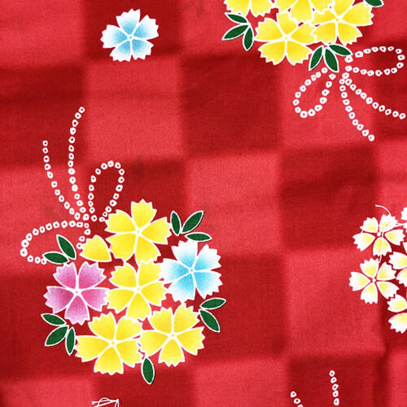 浴衣セット 7点 和モダン赤系 浴衣 帯 下駄 扇子 かごバッグ 巾着 髪