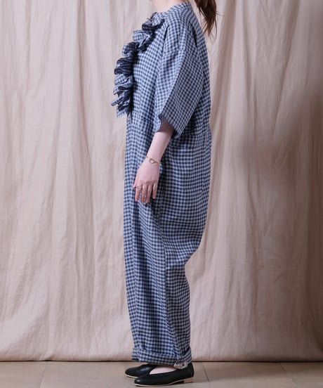 【BUNON】 Gingham Frill Overalls