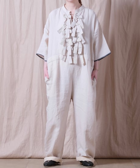 【BUNON】 Khadi Linen Ribbon Overalls