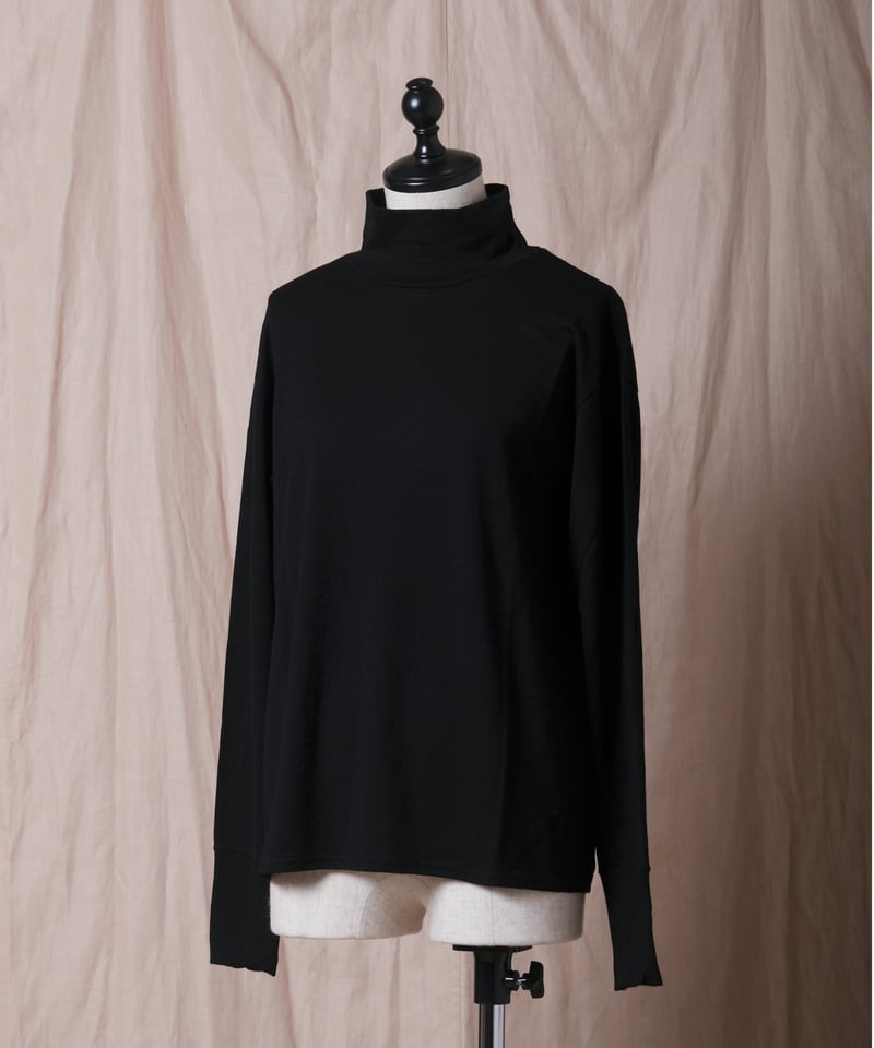 5072【美品】45R ウォッシャブルウール フレアTシャツ　ブラック メリノウールロングスリーブTシャツ ビッグシルエット