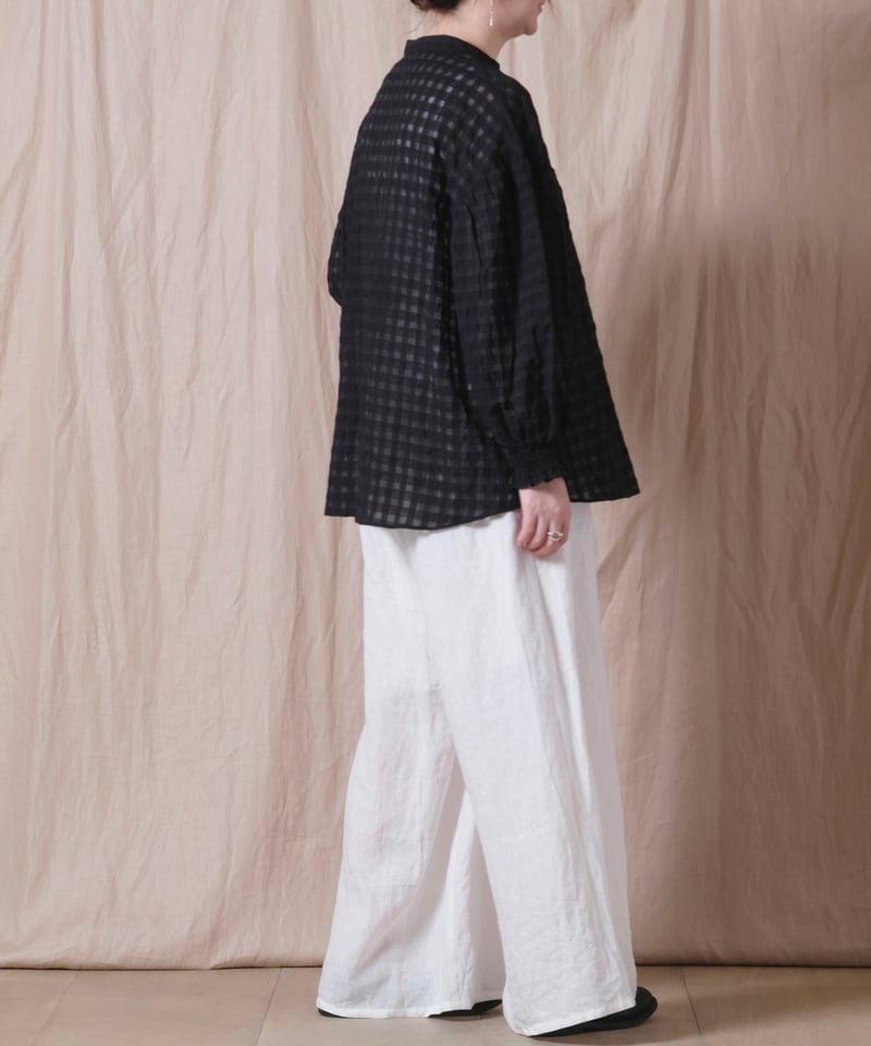 UNIVERSAL SEVEN】シースルーギンガム ギャザースリーブブラウス