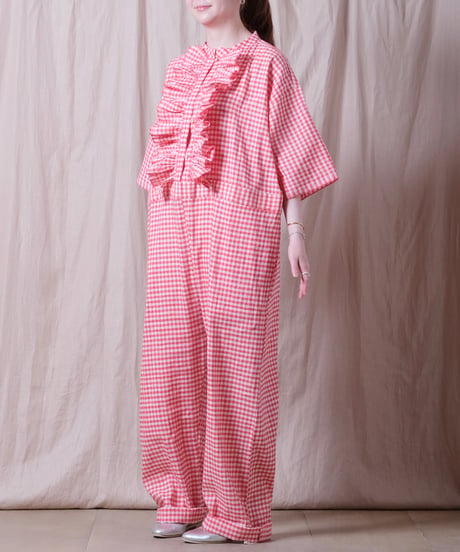 【BUNON】 Gingham Frill Overalls