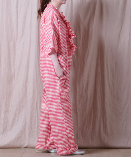 【BUNON】 Gingham Frill Overalls