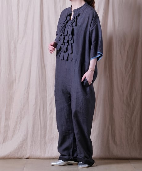 【BUNON】 Khadi Linen Ribbon Overalls