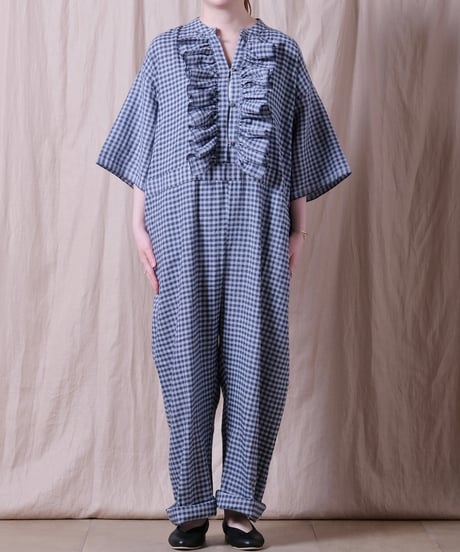 【BUNON】 Gingham Frill Overalls