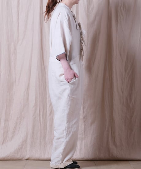 【BUNON】 Khadi Linen Ribbon Overalls
