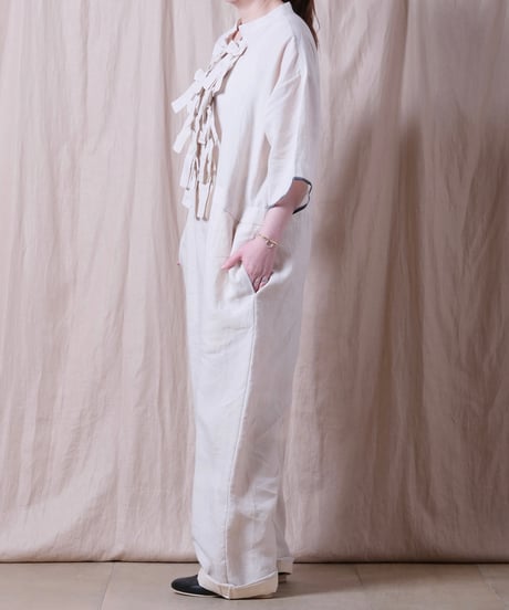 【BUNON】 Khadi Linen Ribbon Overalls