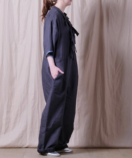 【BUNON】 Khadi Linen Ribbon Overalls