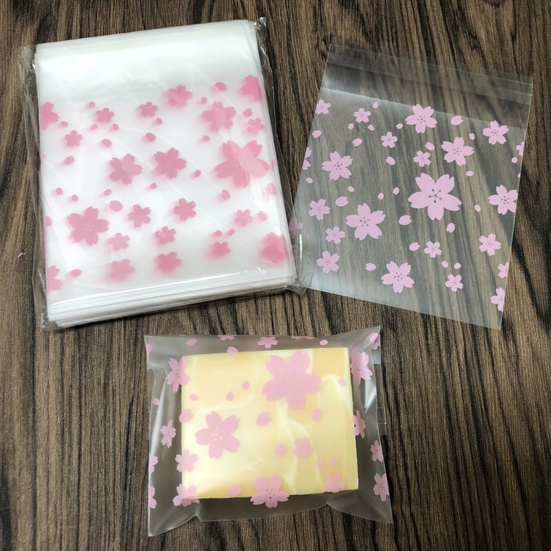 ラッピング用シール付きビニール袋100枚（10cm✖10cm） 桜 | Happy Soaping