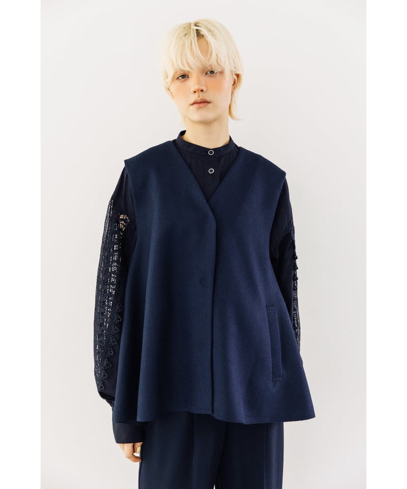 CARVEN　カルヴェン ドレープスリーブブラウス ネイビー オーガニックコットンタイプライターフレンチスリーブブラウス