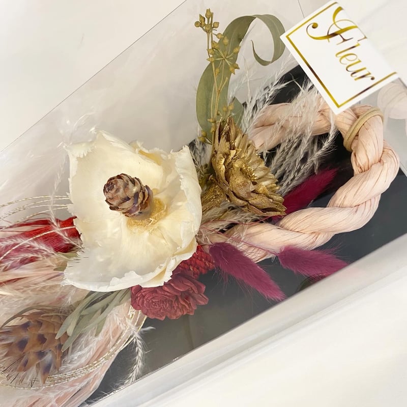 64自家栽培ドライ含む しめ飾りしめ縄 松飾り 注連 正月 スワッグ プリザーブ 15.自家栽培ドライフラワー含むしめ縄正月飾り松飾り注連なわ