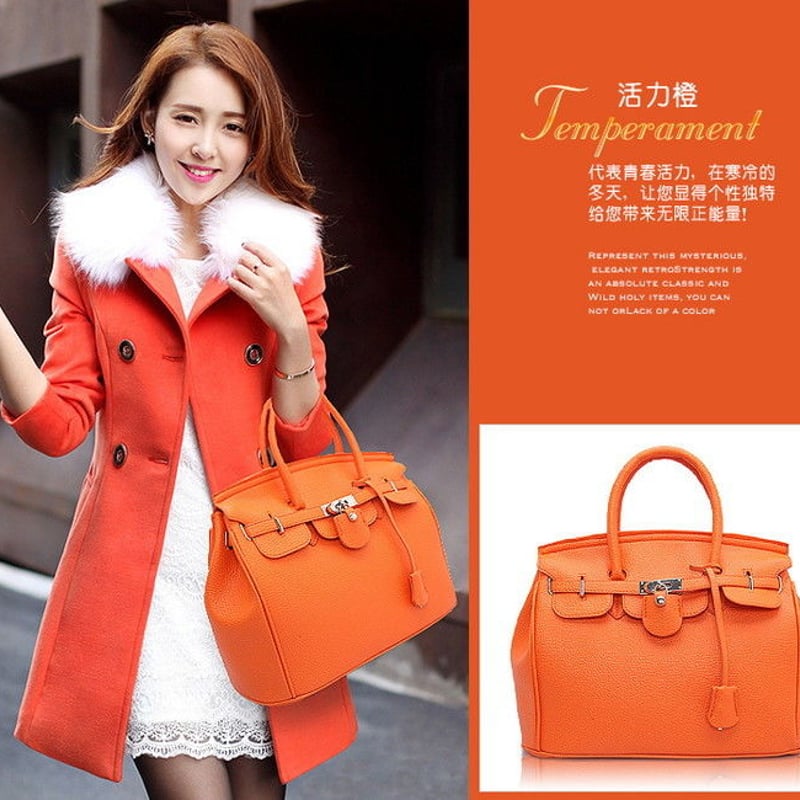 高品質PU レザー 2way ハンドバッグ ショルダー BAG【オレンジ】海外