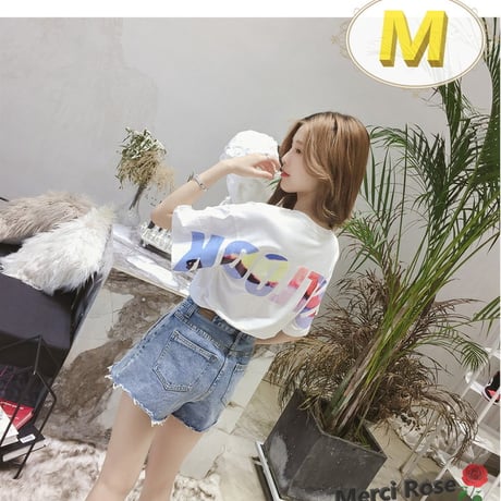 ユルっと可愛い！rainbow バックロゴTシャツ 【ホワイト M】 大きいサイズ トップス 体型カバー 半袖 K-320 ゆるかわ トップス 夏 春 韓国服 K-320-wh-M