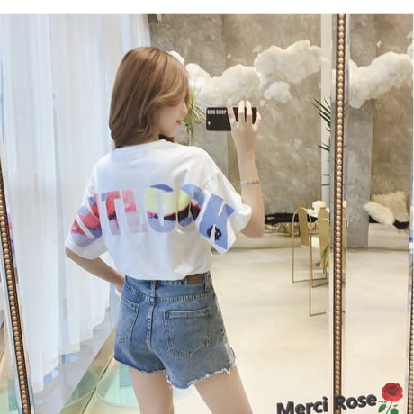 ユルっと可愛い！rainbow バックロゴTシャツ 【ホワイト M】 大きいサイズ トップス 体型カバー 半袖 K-320 ゆるかわ トップス 夏 春 韓国服 K-320-wh-M