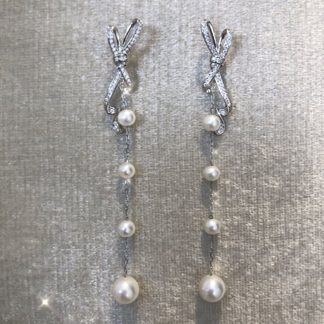 リボン×パールロングピアス