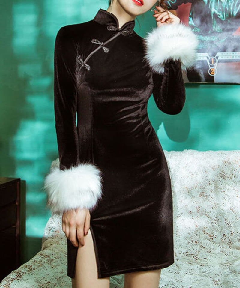 フェイクファーカフス ベロア チャイナ ワンピース【チャイナフェア  
