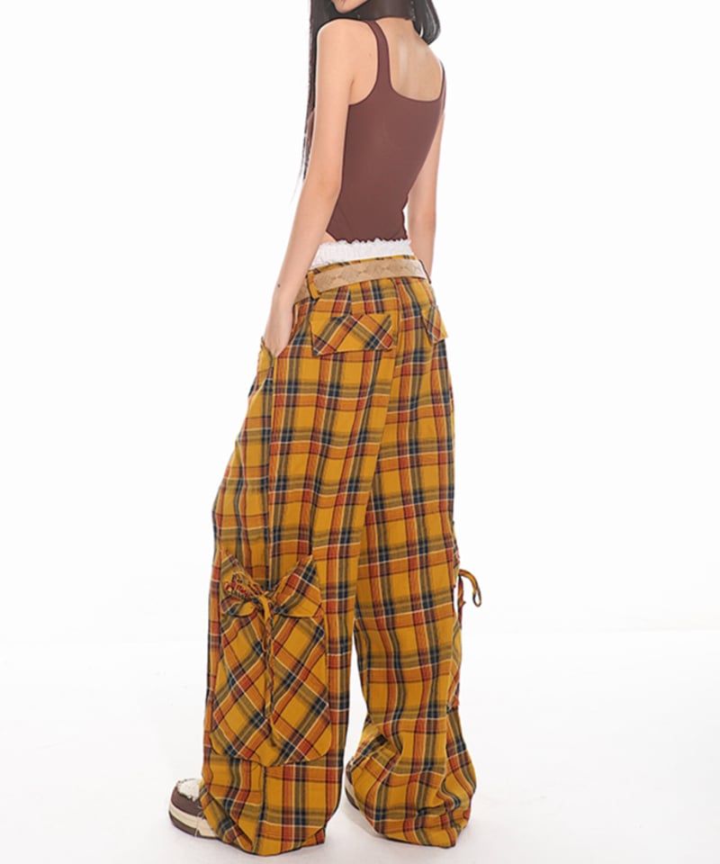 【Cider】チェック柄 ポケット ワイド パンツ チェック柄ワイドレッグビッグポケットパンツ | GUGU