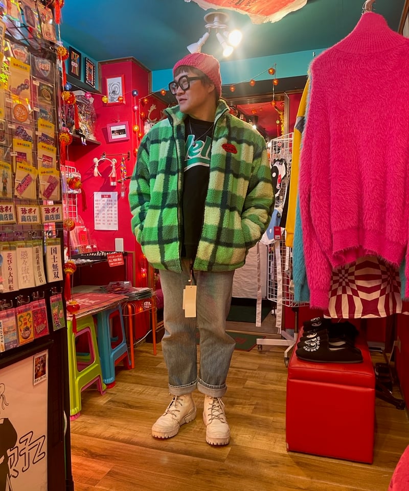 PARASONA】Green check pattern boa jacket チェックボア