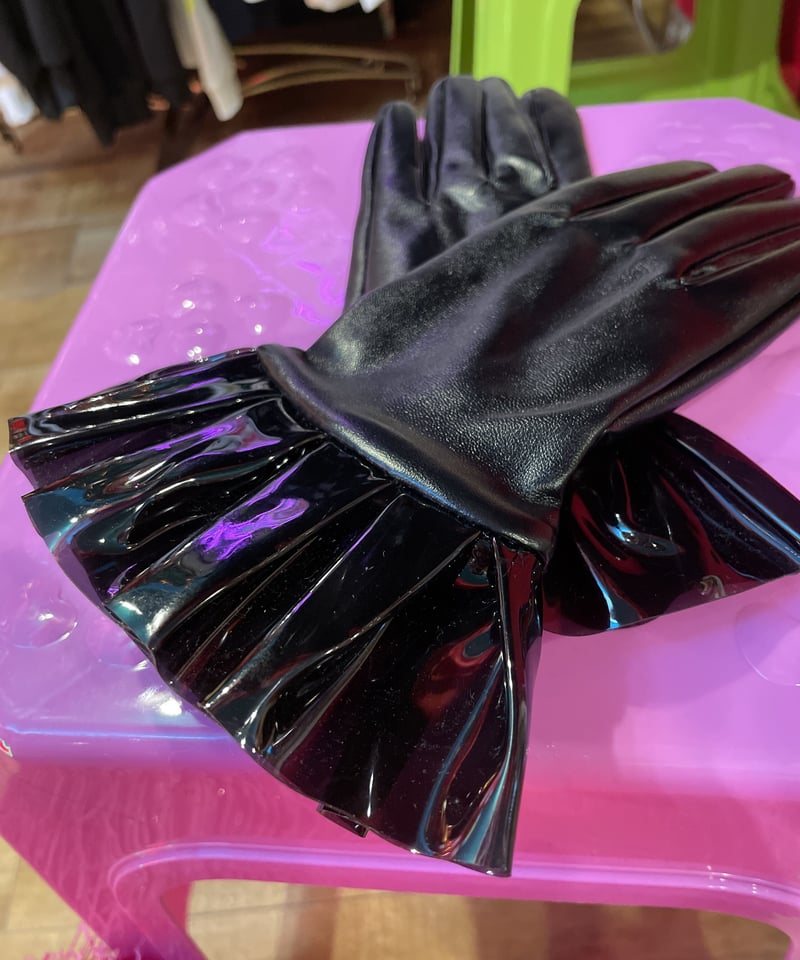 レザー手袋 フリル付き 黒 フリル PUレザーグローブ | GUGU