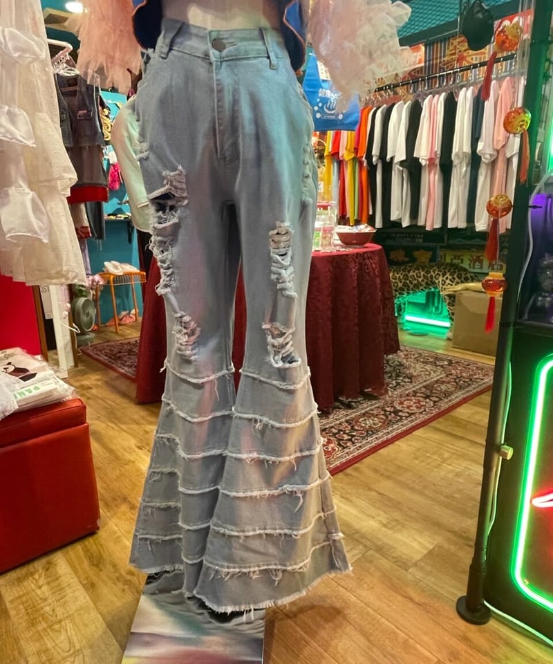 グランジ加工 フレア デニムパンツ | GUGU