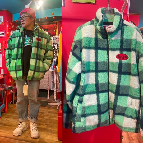 【PARASONA】Green check pattern boa jacket チェックボアジャケット