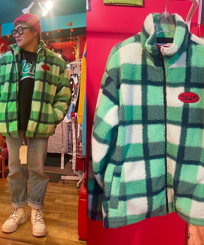 PARASONA】Green check pattern boa jacket チェックボア