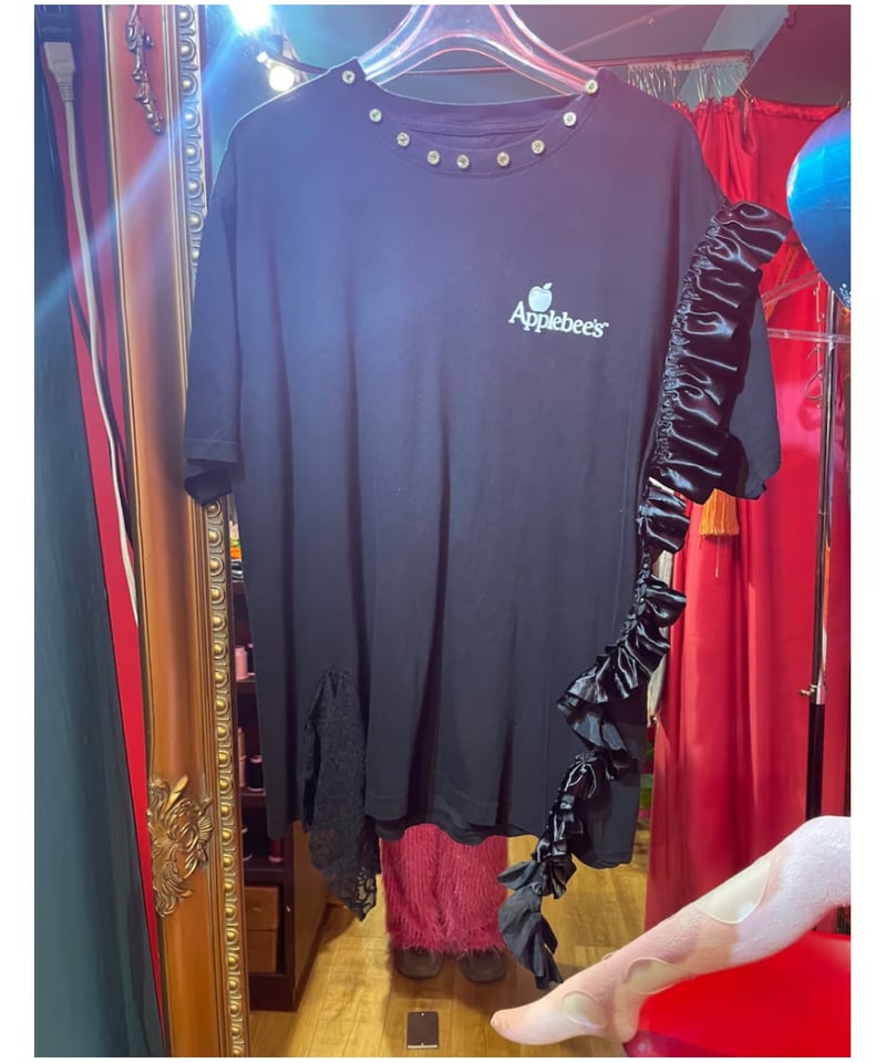 異素材変形リメイクフリルシャツ 個性的 めちゃくちゃ大きいサイズ 個性的リメイク異素材変形フリルTシャツ ハンドメイド チェック