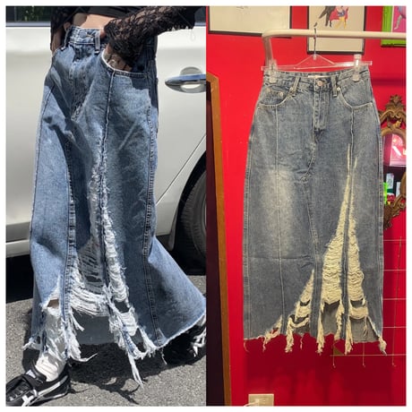 グランジ加工 ロングデニムスカート