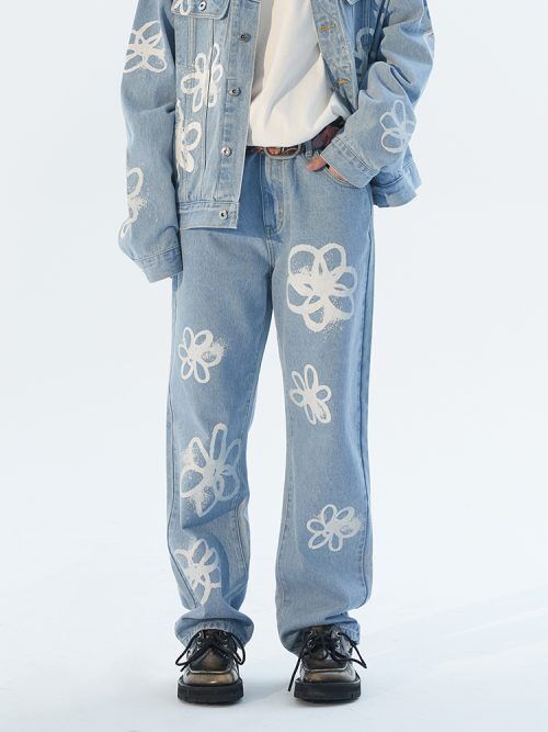 MODITEC】HAND-PAINTED FLOWERS JEANS | GUGU
