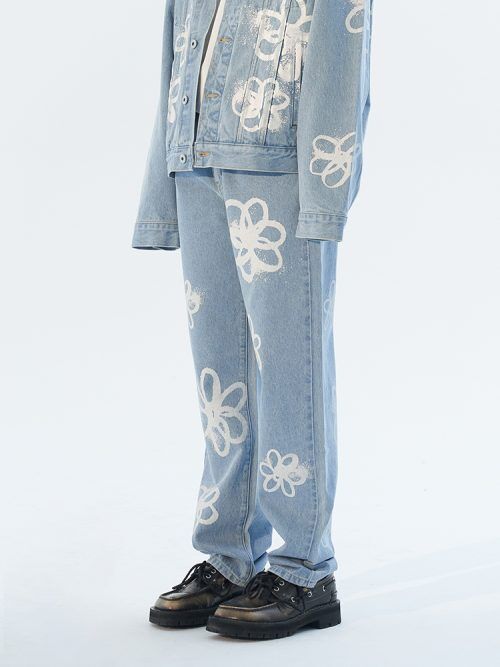 MODITEC】HAND-PAINTED FLOWERS JEANS | GUGU