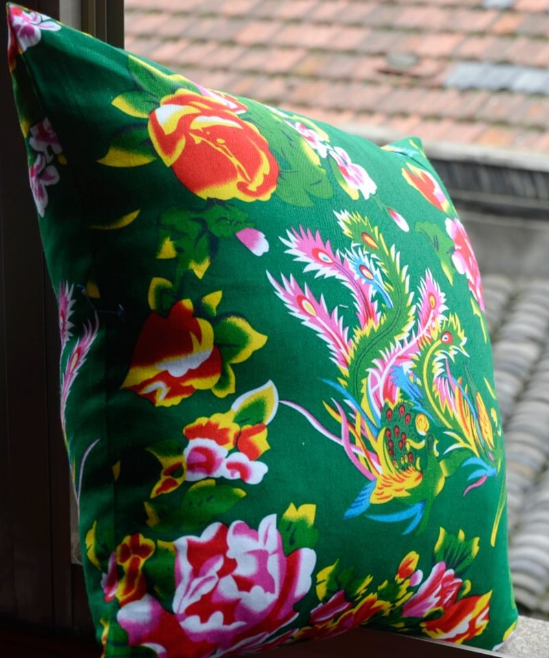 伝統花柄プリント クッションカバー グリーン【チャイナフェア】 | GUGU