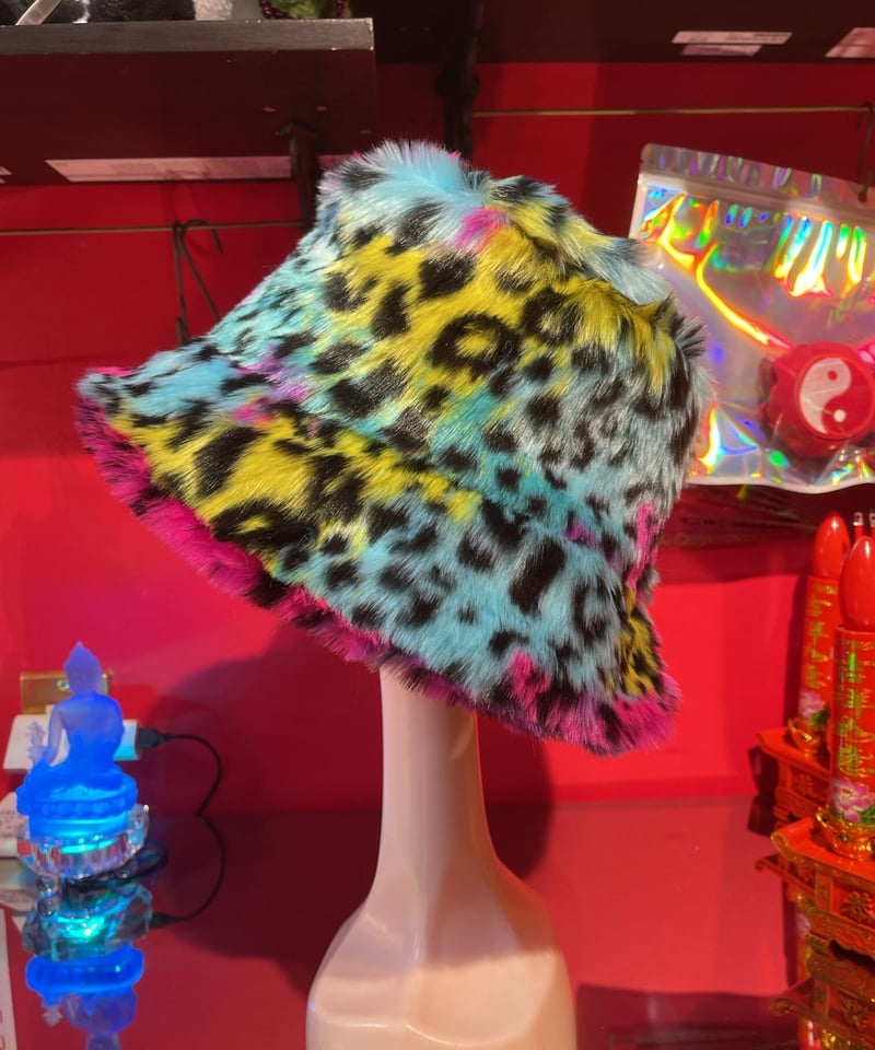 レインボー ヒョウ柄 フェイクファー バケットハット | GUGU レインボー ヒョウ柄 フェイクファー バケットハット | GUGU