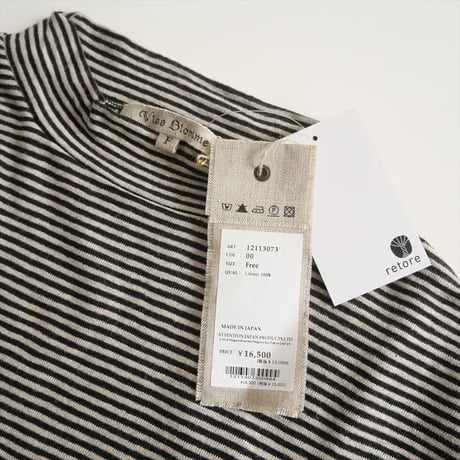 2023 / 未使用 / Vlas Blomme / Linen 天竺 Narrow Border モックネック長袖Tシャツ / 12113073 / 2505-1002