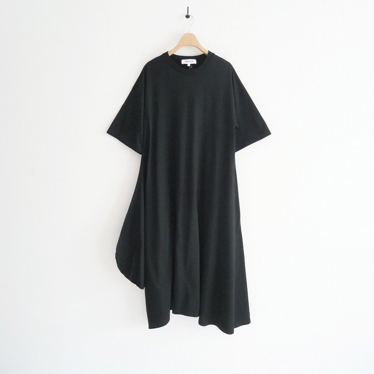 ENFOLD> シルケット天竺 アシンメ5分袖DRESS ブラック36