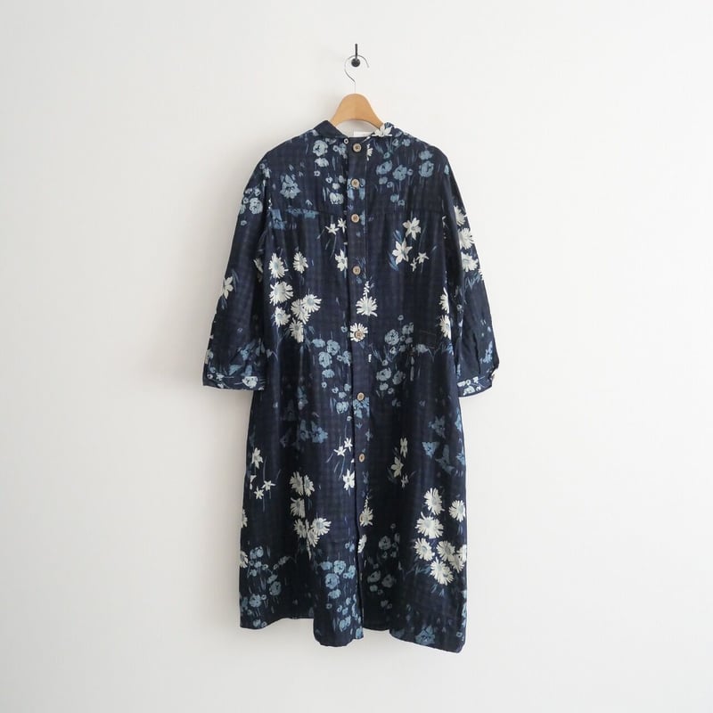 45R 二重織カントリーフラワードレス インディゴ ギンガムチェック