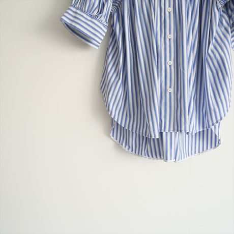 2022SS / ENFOLD / SOMELOSストライプ五分袖ギャザーSHIRT / 300FS930-1830 / 2409-0890