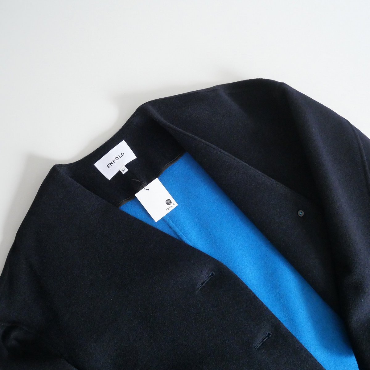 美品　エンフォルド ウールリバーコート　ノーカラー　ドロップショルダー ブルー 美品 エンフォルド ウールリバーコート ノーカラー ドロップショルダー