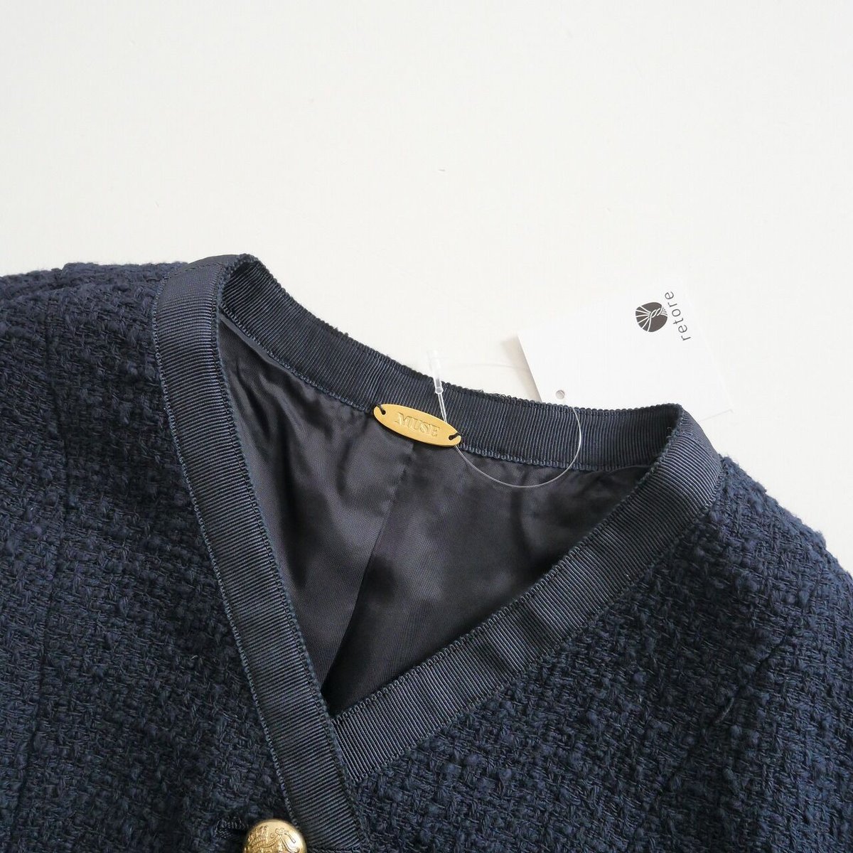 Deuxieme Classe tweed Vネック ジャケット ドゥーズィエムクラス☆tweed Vネック ジャケット☆ネイビー