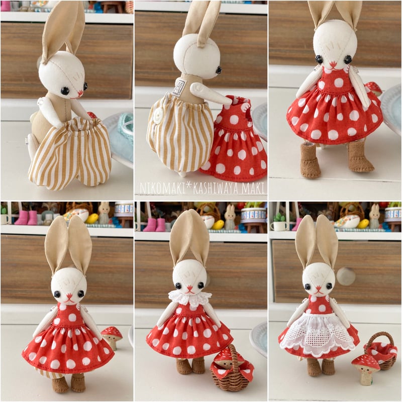 ★ ♡ラムネ♡★お花いっぱいきのこのお家★夢見る天使のプランター★うさぎ★ プレビュー中☆赤い水玉ワンピのチビうさぎと陶土のきのこ | nikomaki